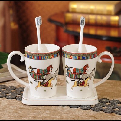Juego de accesorios de baño de cerámica para cepillos de dientes taza de gárgaras con bandeja estilo europeo 3 piezas Set de de boda: 3 Pieces Set D