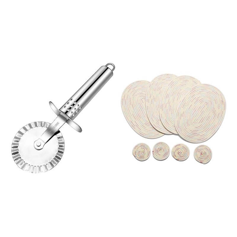 1Pcs Pizza Cutter, Pizzasnijder Wiel & 1 Set Ovale Ronde Placemats Gradiënt Gevlochten Tafel Matten: Default Title