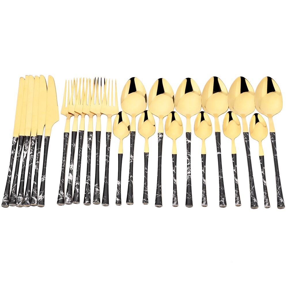 24Pcs Imitatie Hout Serviesje Rvs Servies Bestek Messen Thee Lepel Vorken Met Opslag Bestek Rek Geschenkdoos: Black Gold