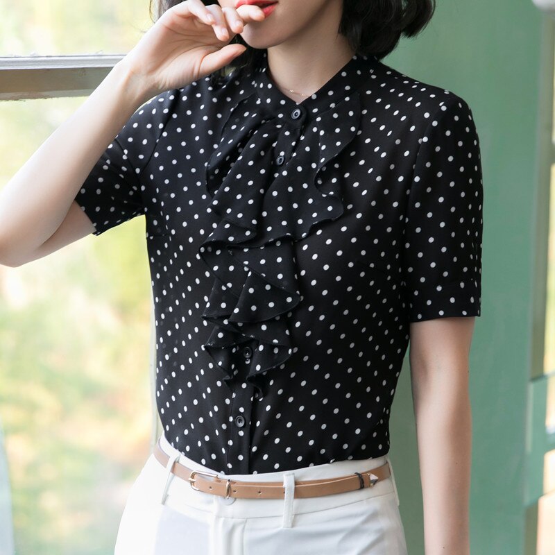 Sort hvid prikket skjorte kvindelig kortærmet chiffon slim flæsede bluser sommer stand krave toppe: M