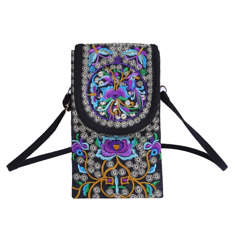 Damen-handytasche, umhängetasche, schultertasche, geldbörse, handtasche, beutel, ethno-stil, bestickte tasche, klapptasche aus Segeltuch, retro-stil