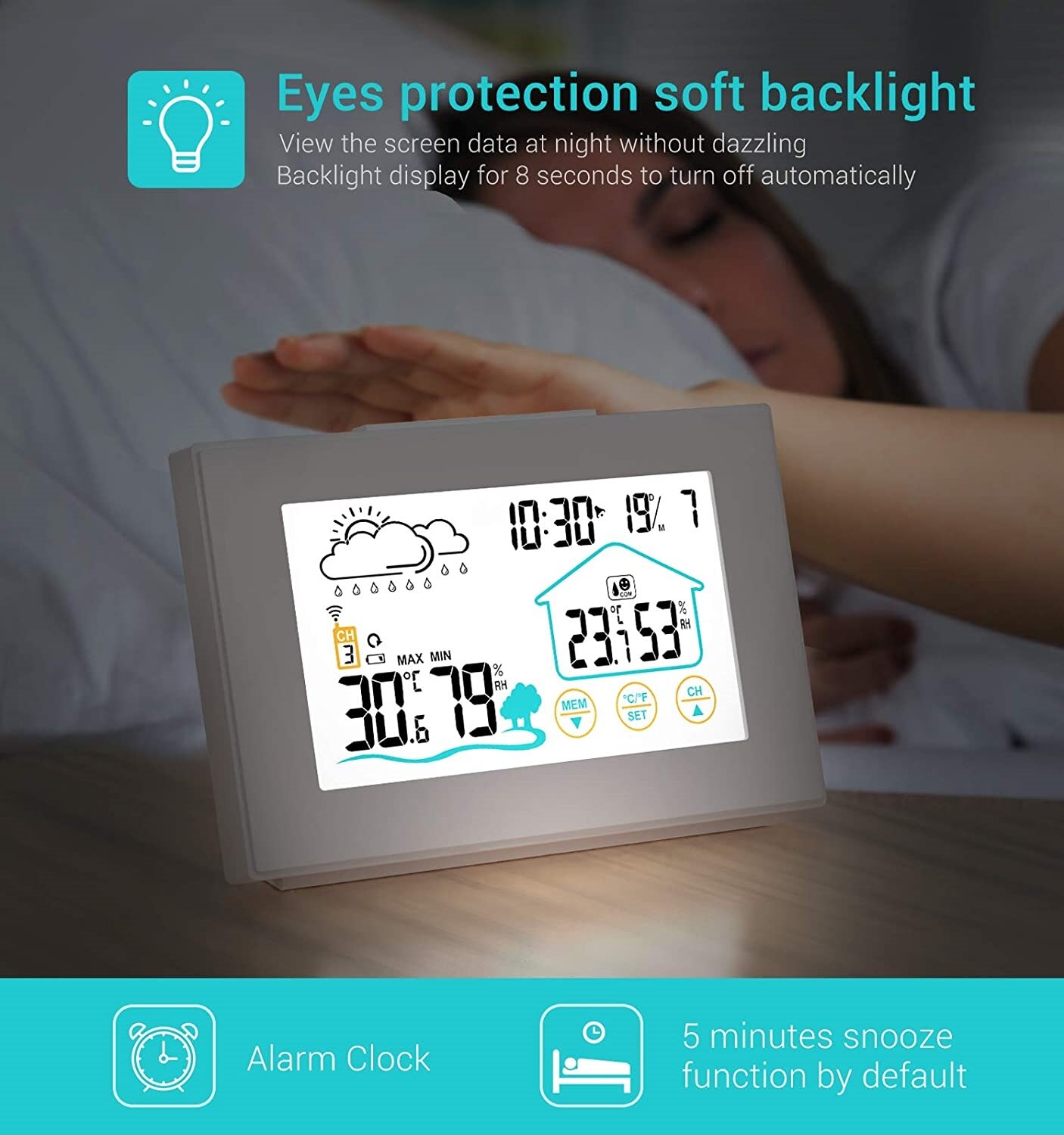 Digoo – Station météo thermomètre et hygromètre sans fil DG-TH8380, avec écran tactile, prévision extérieure, horloge