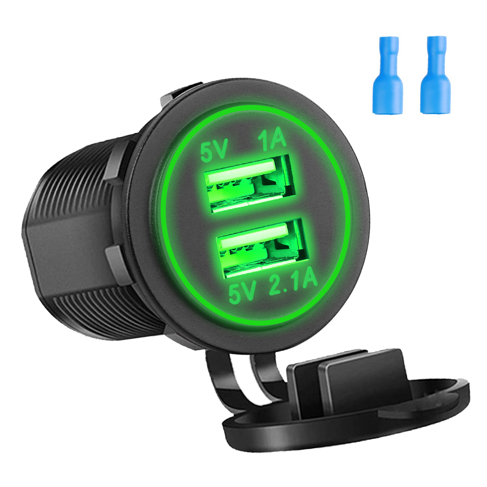Schnellladung, Dual-USB-Anschlüsse, Autoladegerät, wasserdichte Schnellladebuchse, Steckdose mit LED-Licht für Motorrad-Autoladung: Braun