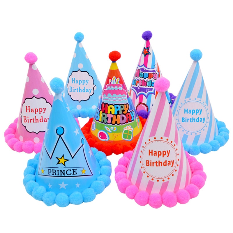 Birthday Caps Baby Kid Rainbow Birthday Party Hat Child Crown Decoration Pompon Paper Cap Cartoon Pattern Festival Birthday Hat