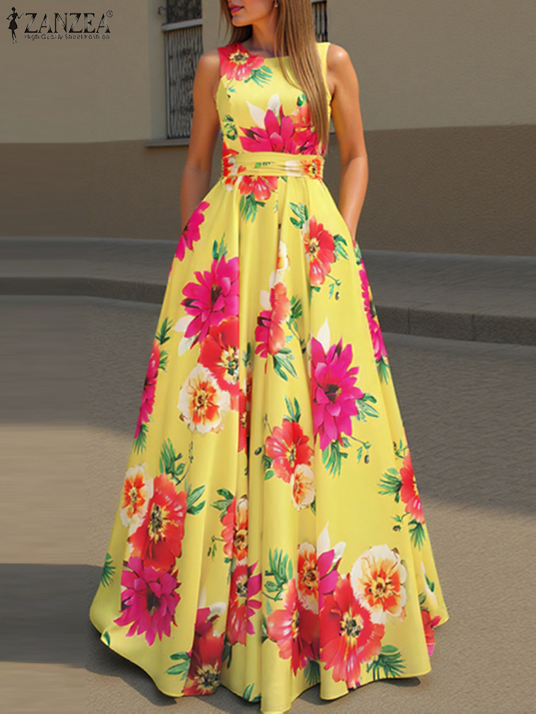 ZANZEA Frauen Bohemian Kleid Floral Bedruckte Tank Sommerkleid 2025, Sommer Ärmellose Taille Robe Casual Party Maxi Kleider