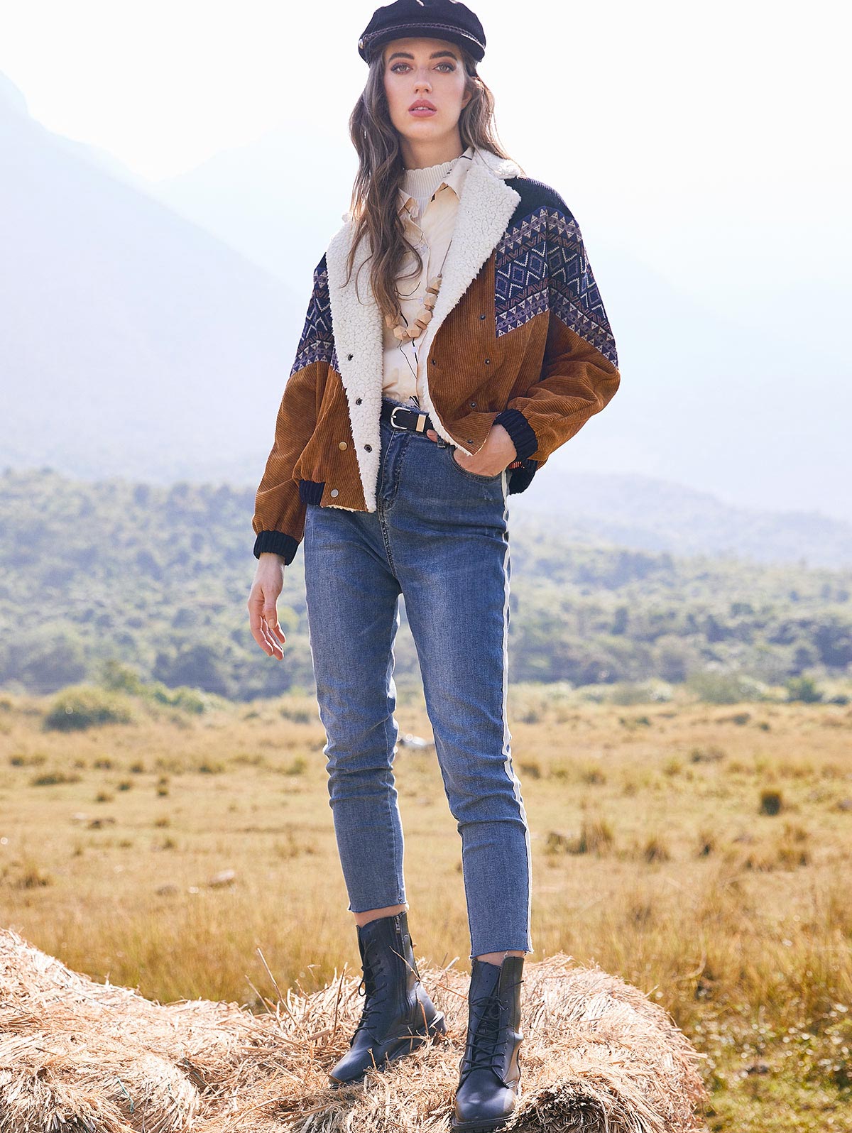 ZAFUL chaqueta de pana para mujer abrigos de invierno grueso cálido prendas de vestir doble pecho Tribal estampado Faux Shearling Panel chaqueta 5 colores