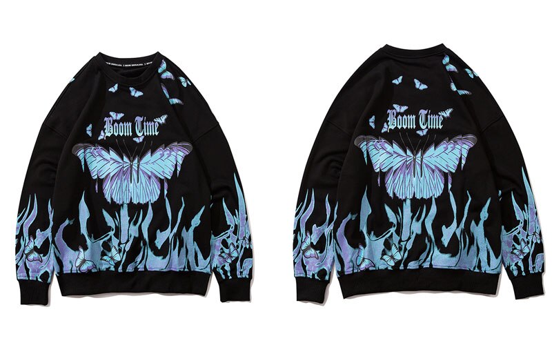 GONTHWID feu flamme papillon imprimer pull sweats à capuche Harajuku Hip Hop décontracté col rond sweat hommes hauts à la: Black / XL