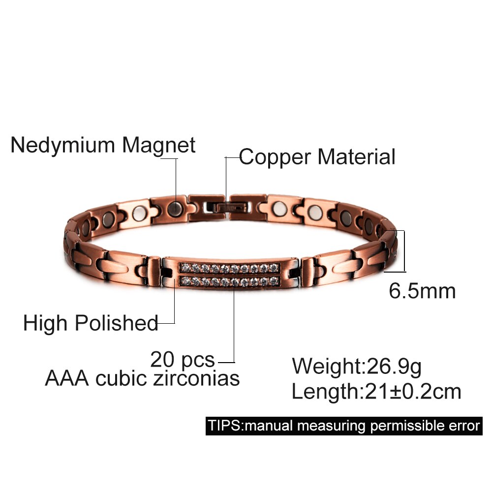 Magnetic Pure Copper Bracelets for Women Cubic Zirconia Chain Link Copper Magnetic Bracelet Arthritis Health Energy Arthritis: 21cm 6.5mm