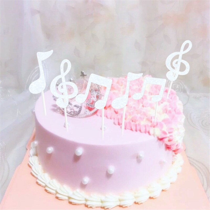 6pcs/set Black Gold Music Notes Cake Topper Cartoon Theme Music Party Kids Birthday Party Cupcake Topper Decorations: Silver