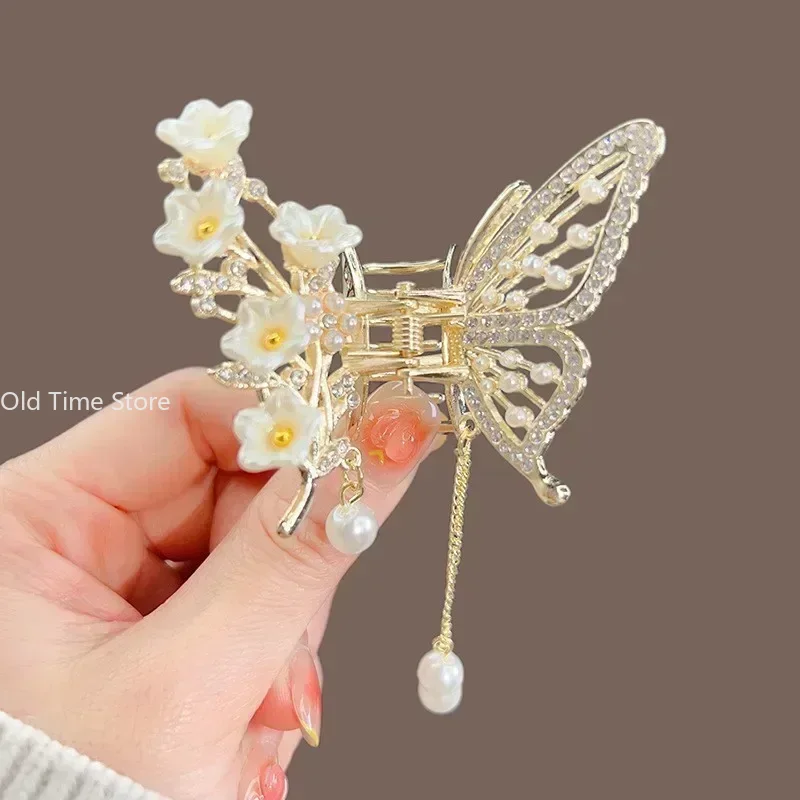 Pinza para el pelo con borlas de mariposa y perlas, horquilla para Festival de flores rojas para niñas, pinzas para el pelo con cola de caballo, accesorios de para mujeres y cangrejos,: Rosa