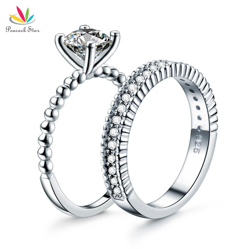Peacock Star Solid 925 Sterling Silver 2-Pcs Wedding Engagement Ring Set 1 Ct Created Diamante Jewelry CFR8276