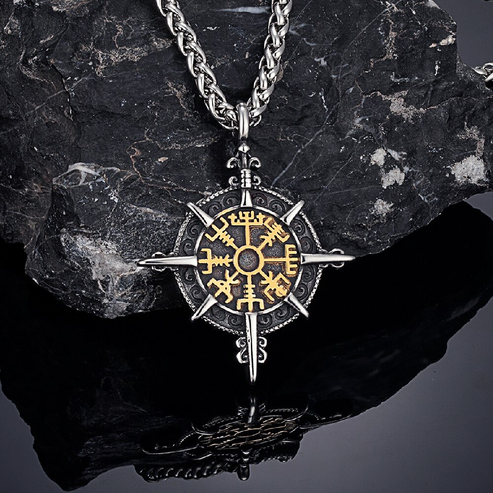 Collar con brújula vikinga de Color dorado Retro para hombre, amuleto de runas nórdicas de acero inoxidable antiguo, colgante Vegvisir Homme, joyería islandesa: Color amarillo dorado claro