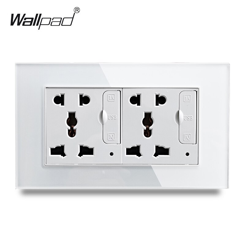 Dubbel 5- pins universeel stopcontact met glazen paneel, wandcontactdoos, 2 usb-oplaadpoorten, universeel stopcontact , 146mm * 86mm: Wit