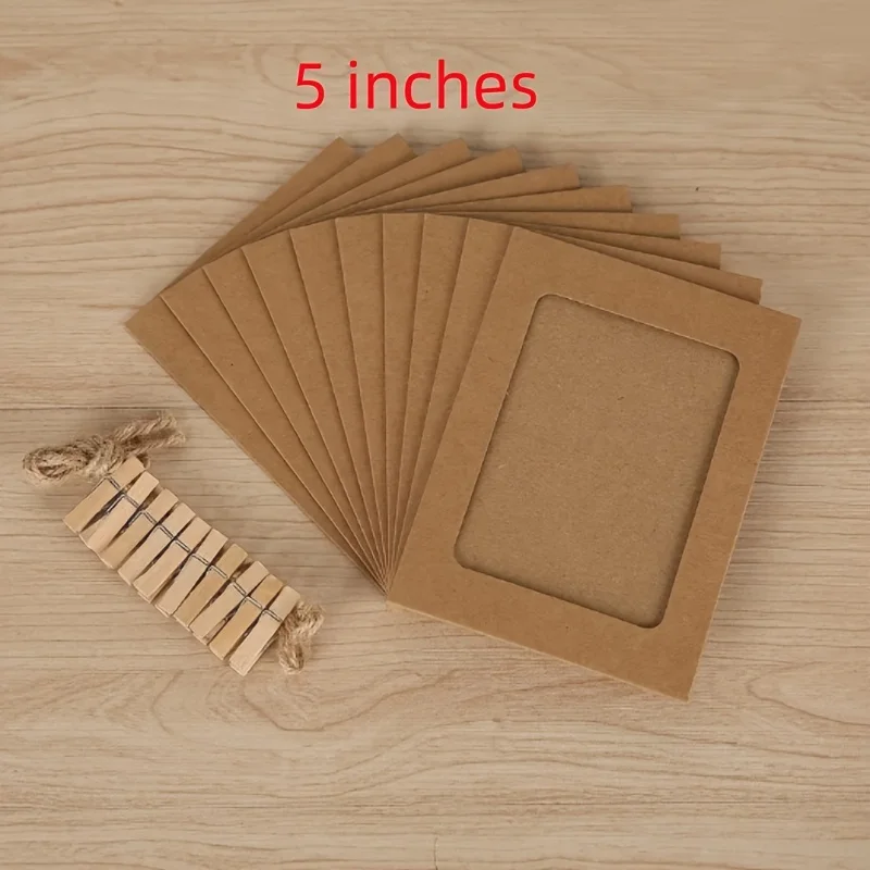 10pcs Photo Cardboard Picture Frame, DIY Paper Photo Frame With Wooden Clips, Wall Decoration, Bedroom decorative picture frame