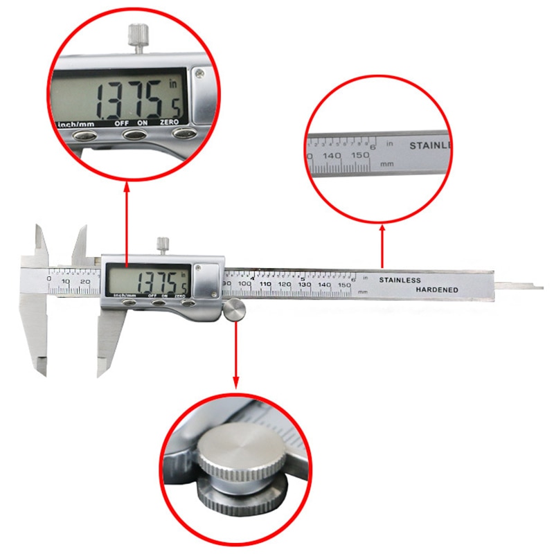Stainless Steel Digital Display Caliper 150mm Accuracy 0.01 mm Fraction/MM/in High Precision Stainless Steel LCD Vernier Caliper