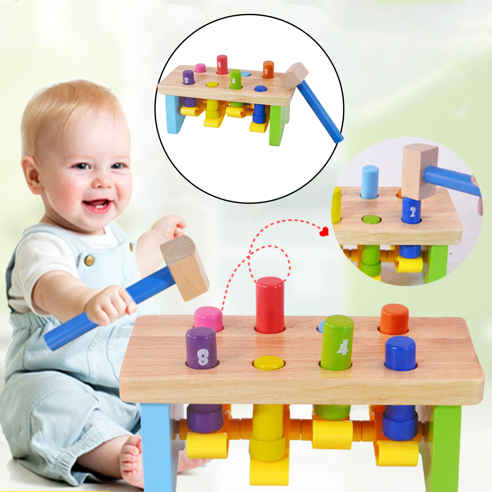Wooden Hammer Bench - Pound a Peg with Wooden Hammer - great Hammering Baby Toy for Babies, 12months, 1, 2,3 Year Olds
