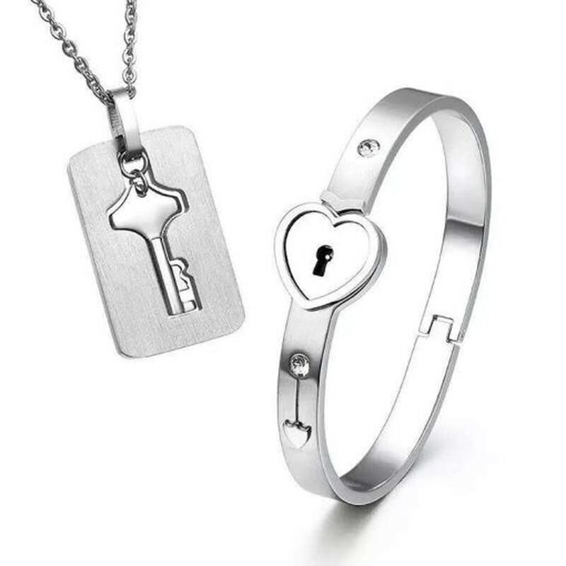 Conjunto de joyería de 2 piezas para parejas, brazalete con cerradura de corazón de amor, collar de llave para pareja, de San Valentín