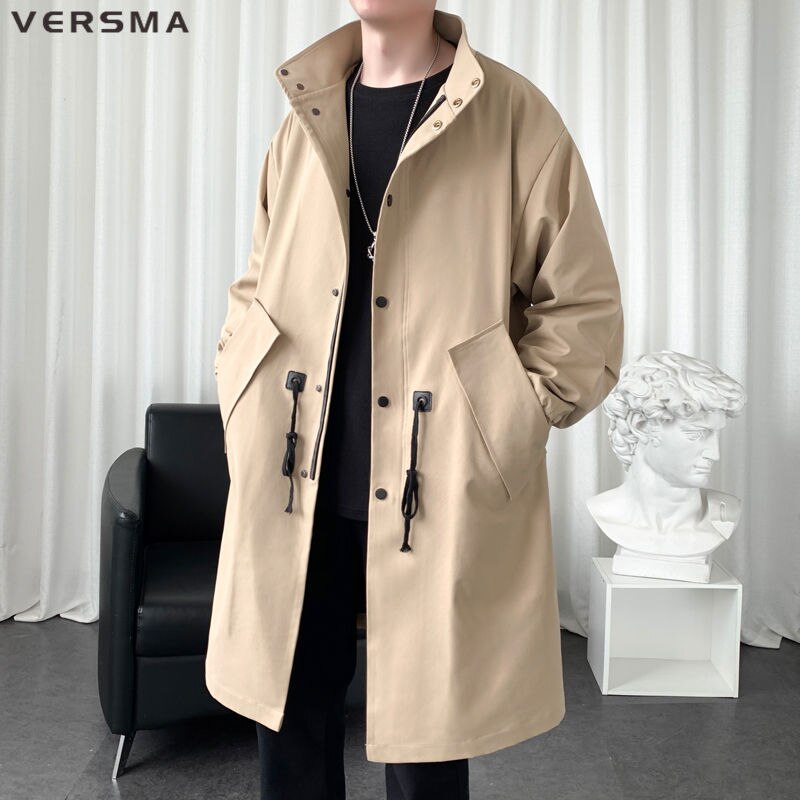 VERSMA Korean Trendy Black Mens Long Trench Coat Men Plus Size British Style Solid Color Russian Waterproof Classic Windbreaker