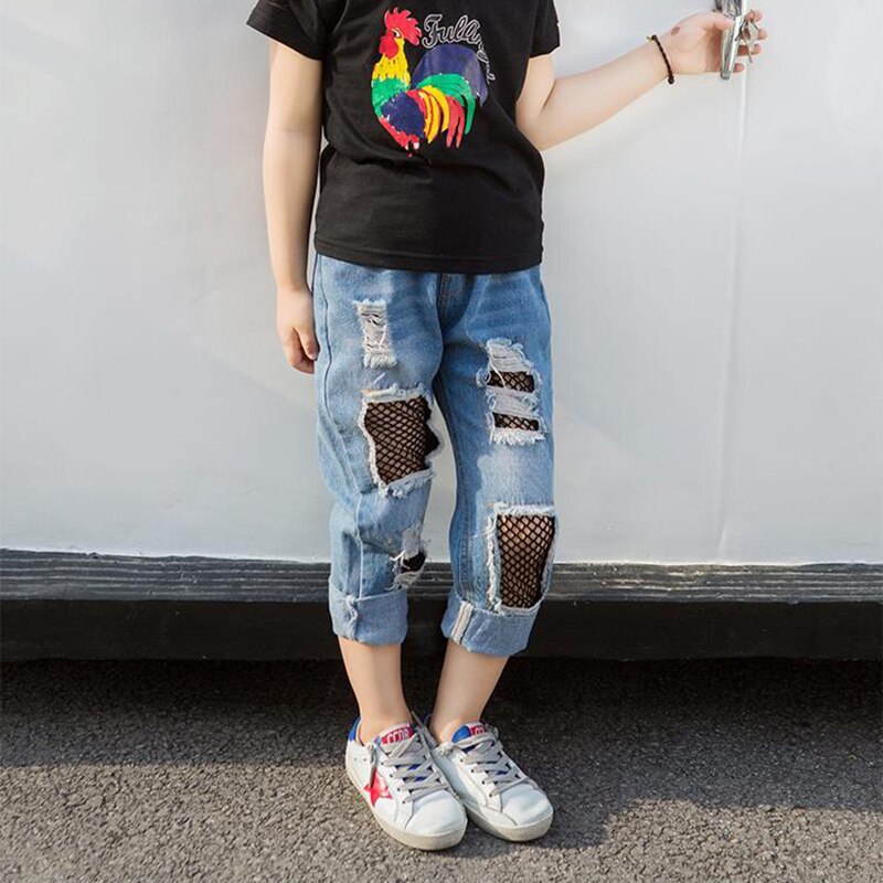 Jeans extensibles pour enfants, pantalon déchiré avec Inserts en maille pour filles, printemps automne: 6T