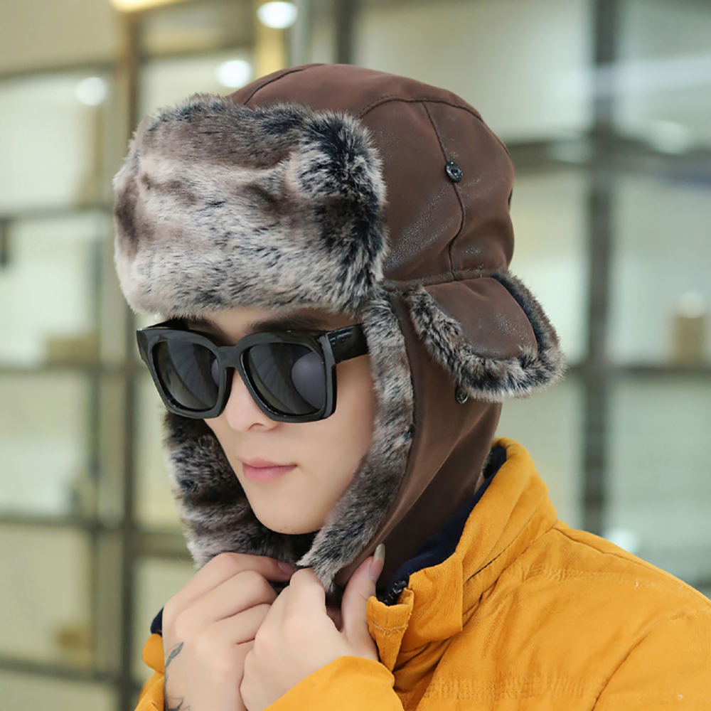 Russian Ushanka Cap Scarf with Earflap Winter Outdoor Trapper Cap for Men Winter Warm Bomber Hats Thicken Fur Neck Warmer Soft