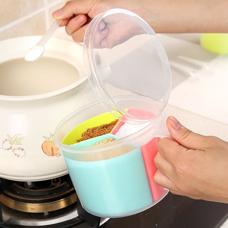 Cute Multi-grid tarro de especias sazonador caja creativa multiusos cocina transparente especias sal pimienta cuchara redonda botellas de almacenamiento