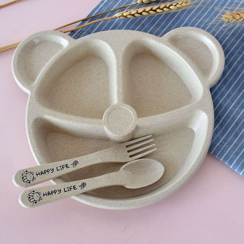 Baby bowl+spoon+fork Feeding Food Tableware Set Cartoon Bear Kids Dishes Eating Dinnerware Anti Wheat Straw Training Plate: Beige Set