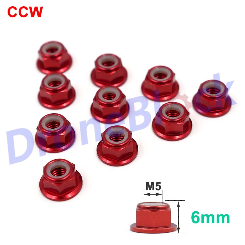 10 stk  m5 aluminiumsflens nylonmutter lavprofil cw ccw anti-løs innsatslås til 2204 2205 2206 børsteløs motor rc qav 250 210: 6mm høyde ccw  x10