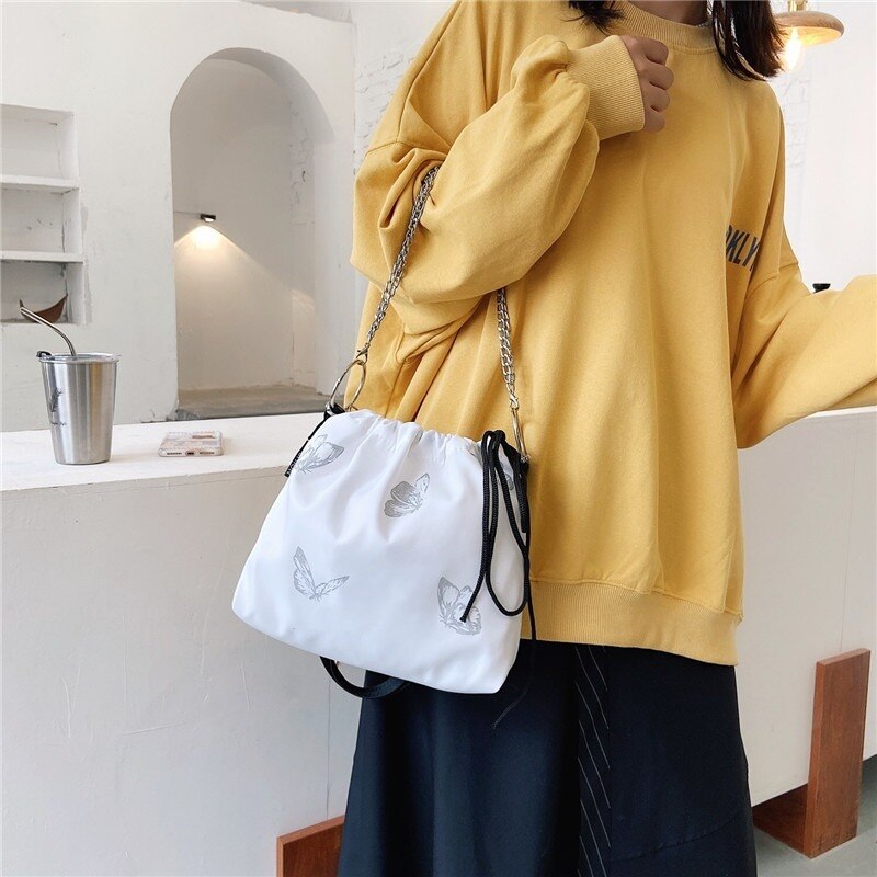 Leuchtende schmetterlings-umhängetasche, damen-schultertasche mit kordelzug, Nylon-freizeithandtasche