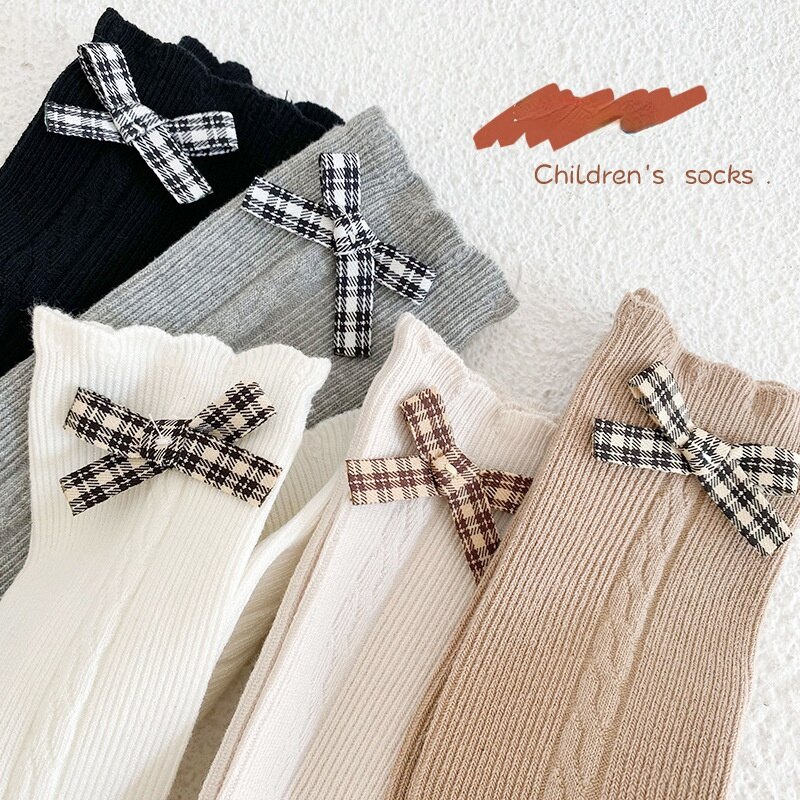 1014a calzini per bambini 2022 primavera nuovi Plaid Bow Girls calzini in Pile calzini in pizzo coreano per bambini calzini da 3-8 anni