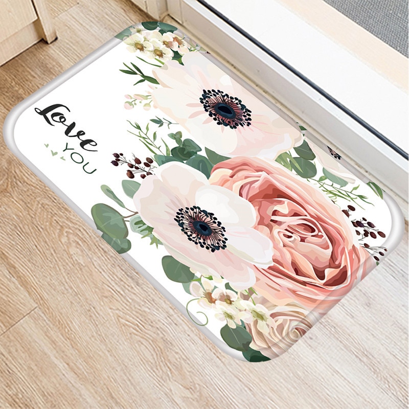 Rosa blomstertrykk kjøkkenmatter anti-skli gummitape stue balkong bad teppe dørmatter i gangen 48259: 2dd-48259-002