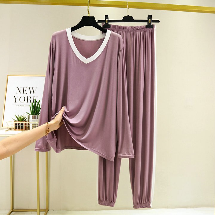 Fdfklak 2PCS Pajama Sets Women Autumn Long Sleeve Solid Modal Loose Breathable Soft Home Clothing Comfortable Sleeping Suits: purple / XL