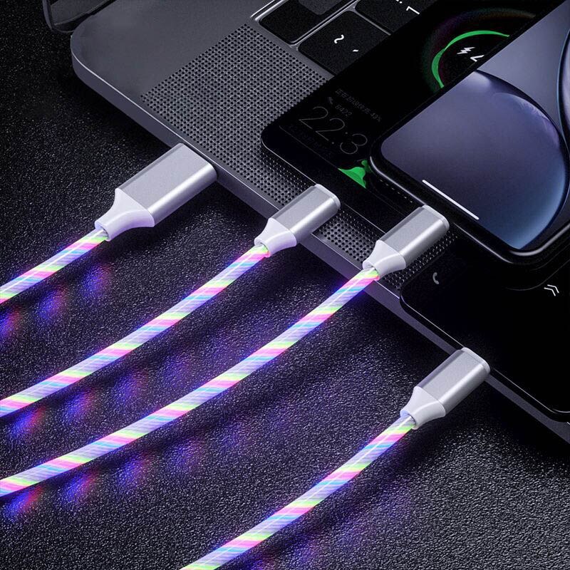 Tongdaytech 3 In 1 Usb Fast Charger Kabel Vloeiende Kleuren Led Glow Usb Carregador Portatil Voor Iphone Xiaomi Samsung Smartphone