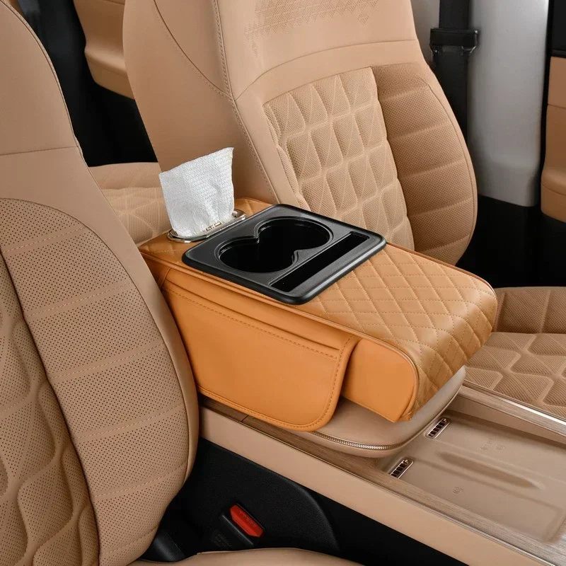 Caja de reposabrazos para coche, almohadilla de altura gruesa de 7,5 cm, cojín para reposabrazos con bolsillo, portavasos de tejido, soporte para codo de algodón con memoria, almohadilla de altura: Naranja