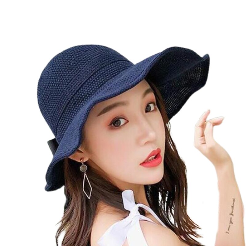 Visera de malla tejida para mujer, gorro de playa con lazo, Top abierto enrollable, ala ancha empaquetable, sombrero de protección solar UV de viaje para verano: Blue