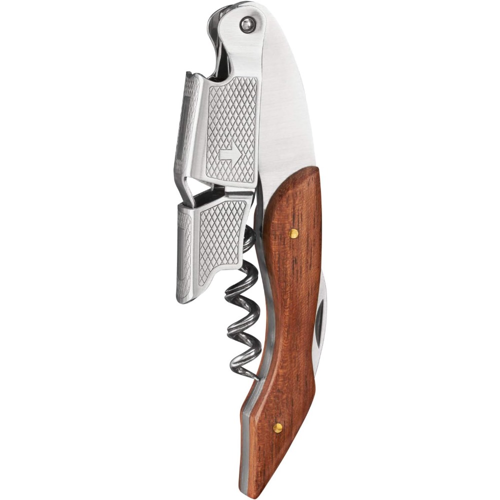 Sacacorchos de camarero Sommelier, abridor de vino de doble palanca con resorte, accesorio de barman de camarero, acero inoxidable y madera, 1 ud.: Castaño