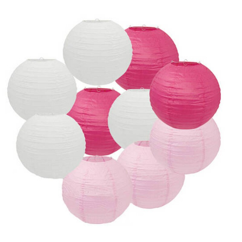 Set van 20cm  of 10 fuchsia witte papieren lantaarns voor bruiloften, verjaardagen, prinsessen, babyshowers en vrijgezellenfeestdecoraties.