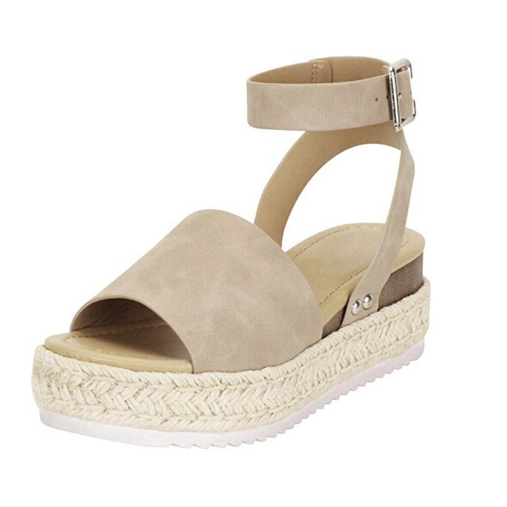 Décontracté semelle en caoutchouc clouté Chaussures compensées Femme boucle bride à la cheville sandales à bout ouvert femmes Chaussures plate-forme Chaussures Femme Zapatos: Khaki  / 41