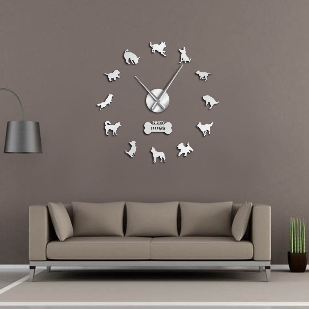 3D Yorkshire Terrier Labrador Siberian Husky Chihuahua Border Colie German Shepherd Mixed Dog Breeds DIY Giant Wall Clock Watch