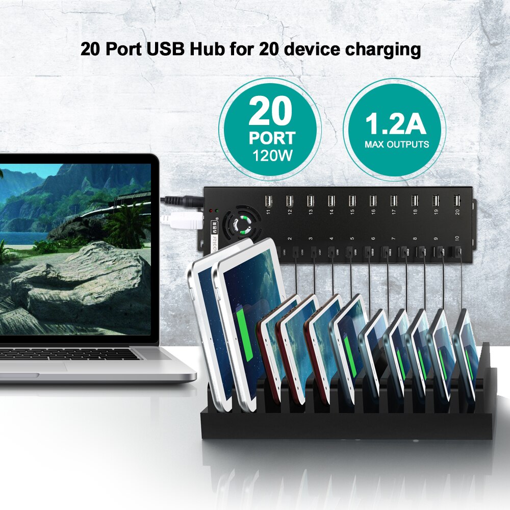 Sipolar 20 Port Industrial Usb Hub Splitter With 1A Each Port Charging and Sync USB 2.0 Hub For Miner Cellphone Tablets- Black