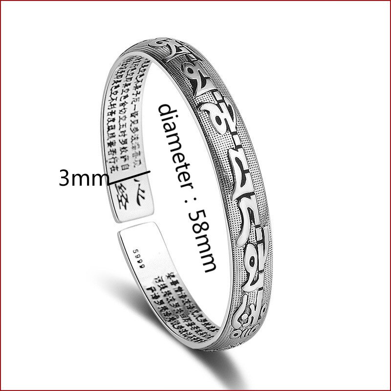 925 Zilveren Boeddhistische Hart Sutra Bangle Glossy Manchet Armband Femme Argent Schrift Armband Chinese Religieuze Sieraden Pulseira