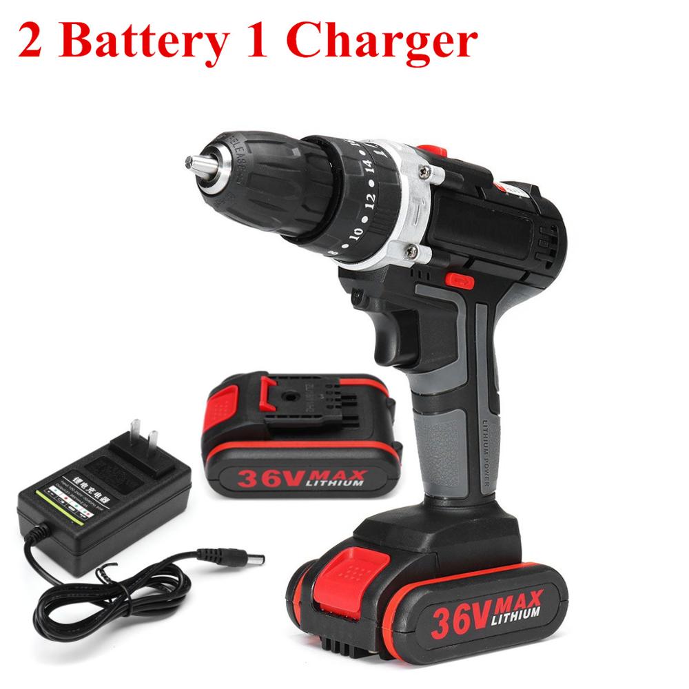 25+3 Torque 36V Cordless Electric Impact Drill Li-ion Battery Screwdriver LED Working Light DIY Home Hand Flat Drill Power Tools: 2 Battery 1 Charger