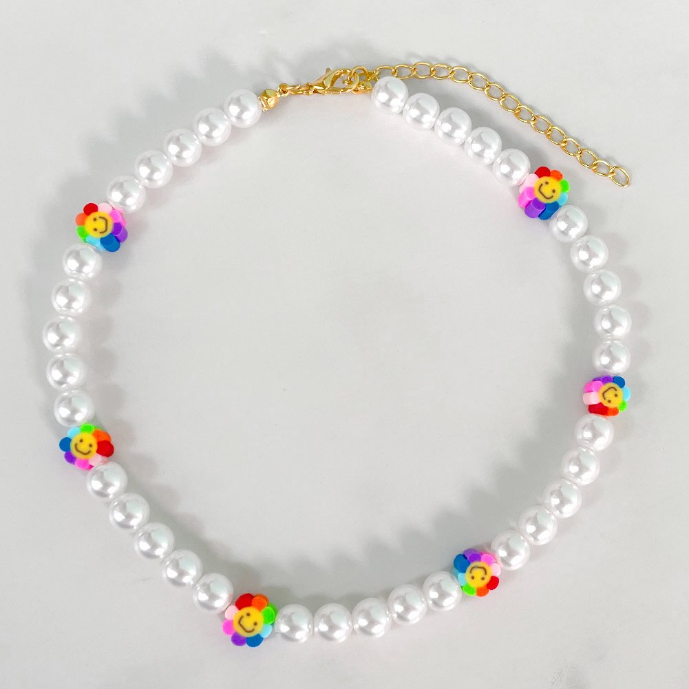 Boho Evil Eye Smile Pearl Beaded Necklace For Women Imitation Pearl Christmas Y2K Happy Face Choker Collar Party Jewelry