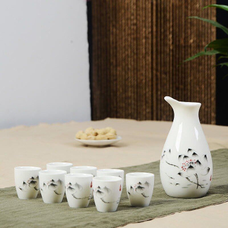 Set van 9 keramische sake potten, kannen, sterke drank, sterke drank, japanse sake wijnset, alcoholische drank, bar, drinkgerei, bekerset