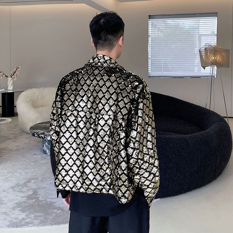 Man Korean Streetwear Vintage Casual Coat Top Men&#39;s Velvet Embroidered Sequins Short Jacket Stage Trend Show Clothing