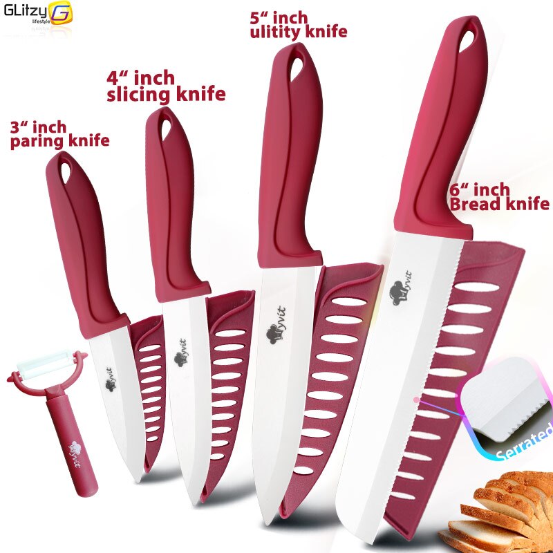 Ceramic Knife 3 4 5 6 inch Knives Kitchen Set White Blade Chef Utility Paring Vegetable Slicing Ceramic Knives With Peeler Set: 3456B RED