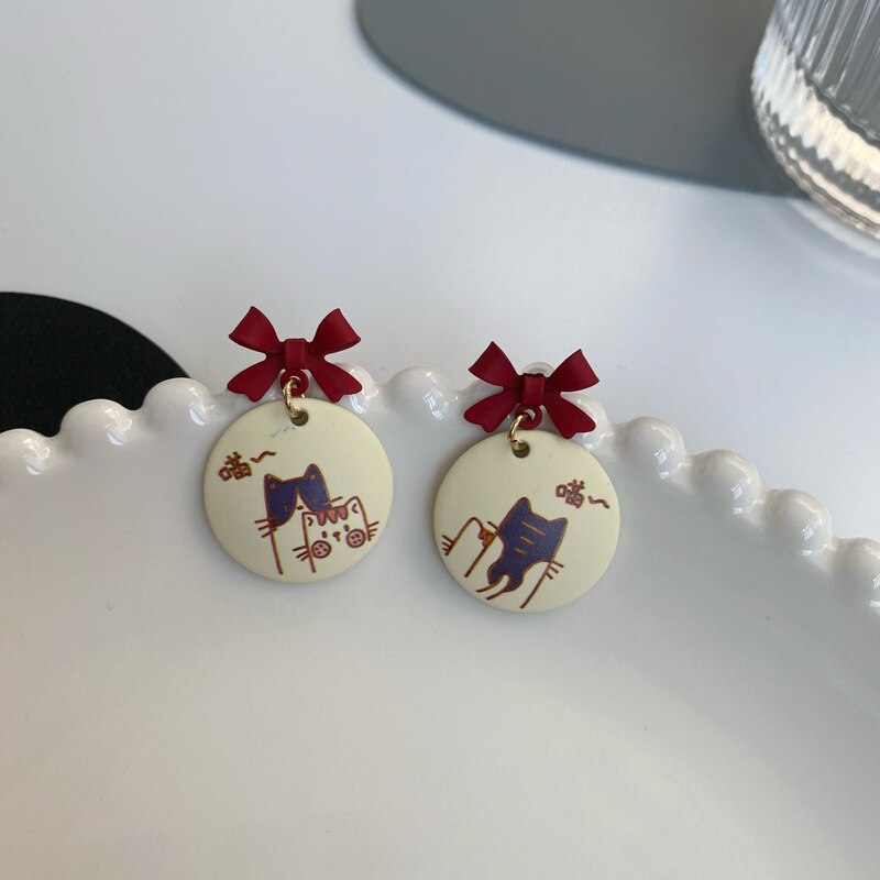 Boucles d'oreilles à Clip de Style japonais, chaton, sans trou, à la , peint en rouge, chat mignon, sans Piercing