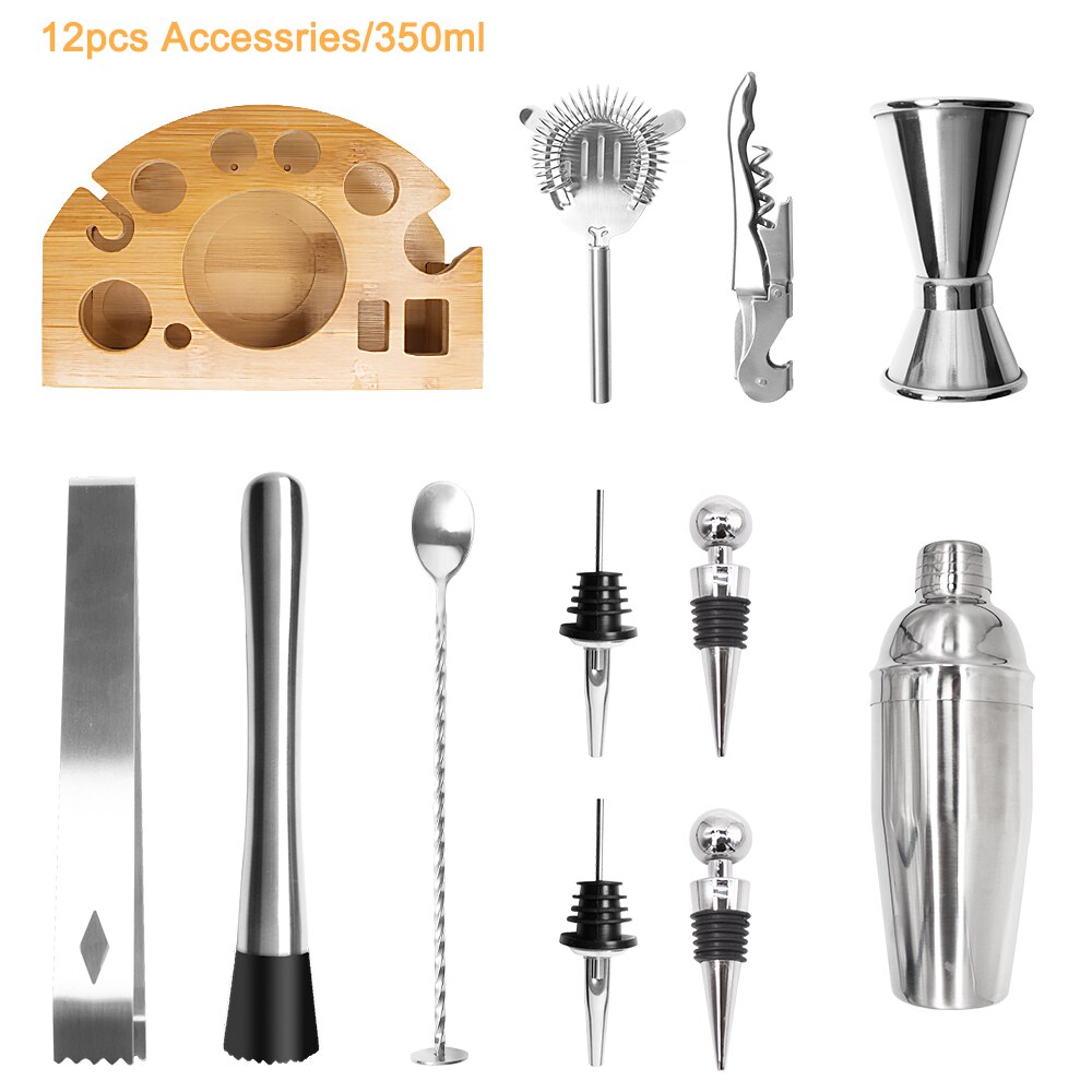 Juego de coctelería de acero inoxidable, mezclador de vino de 750ML con Base giratoria de bambú, herramientas de Bar, accesorios de , 12 Uds.: 12pcs-350ml