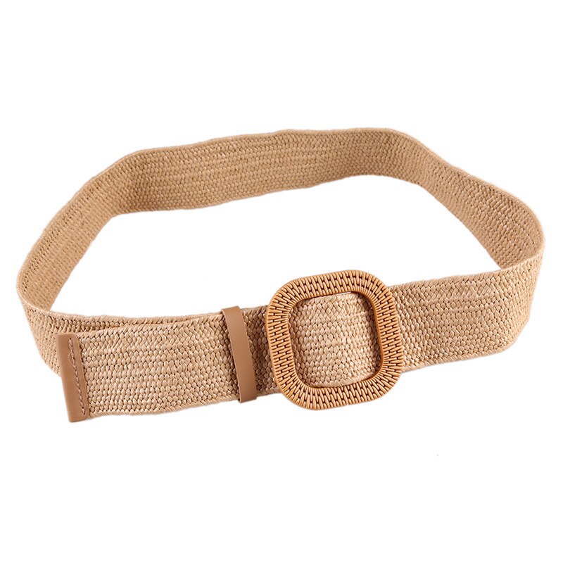 Vintage Knitted Wax Rope Wooden Bead Waist Rope Women Smooth Buckle Belt Woman Woven Female Elastic Braided Belt BZ48