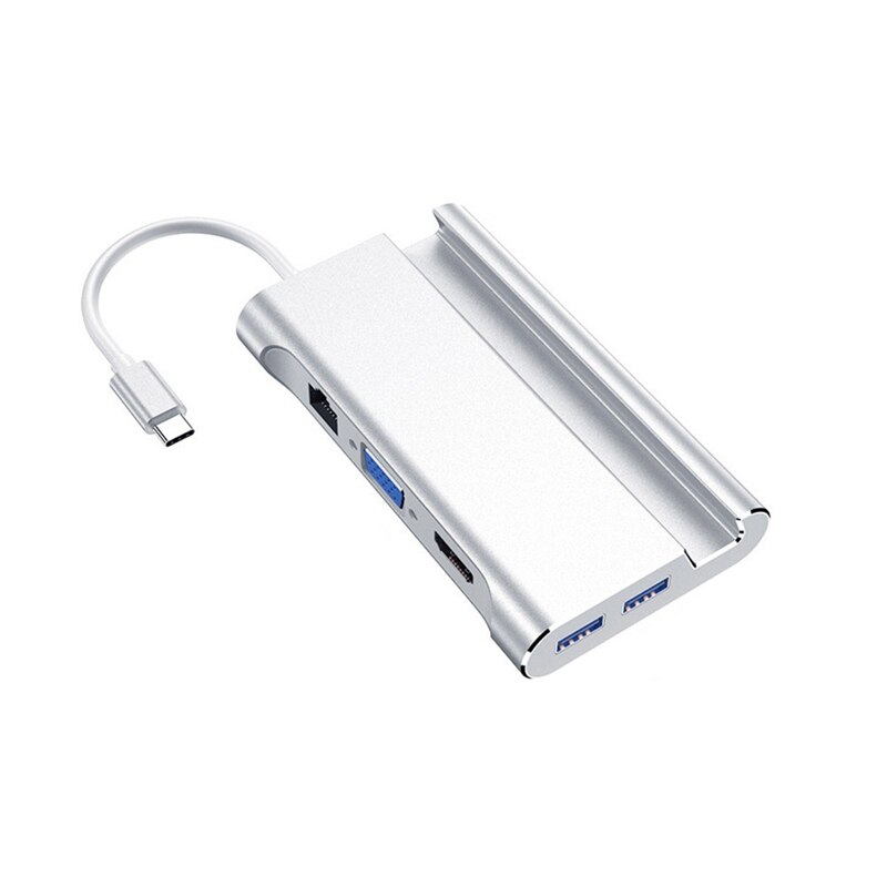 7 en 1 Type C Station d'accueil Hdmi USB 3.0 HDMI VGA RJ45 PD USB Hub adaptateur pour ordinateur portable: Silver