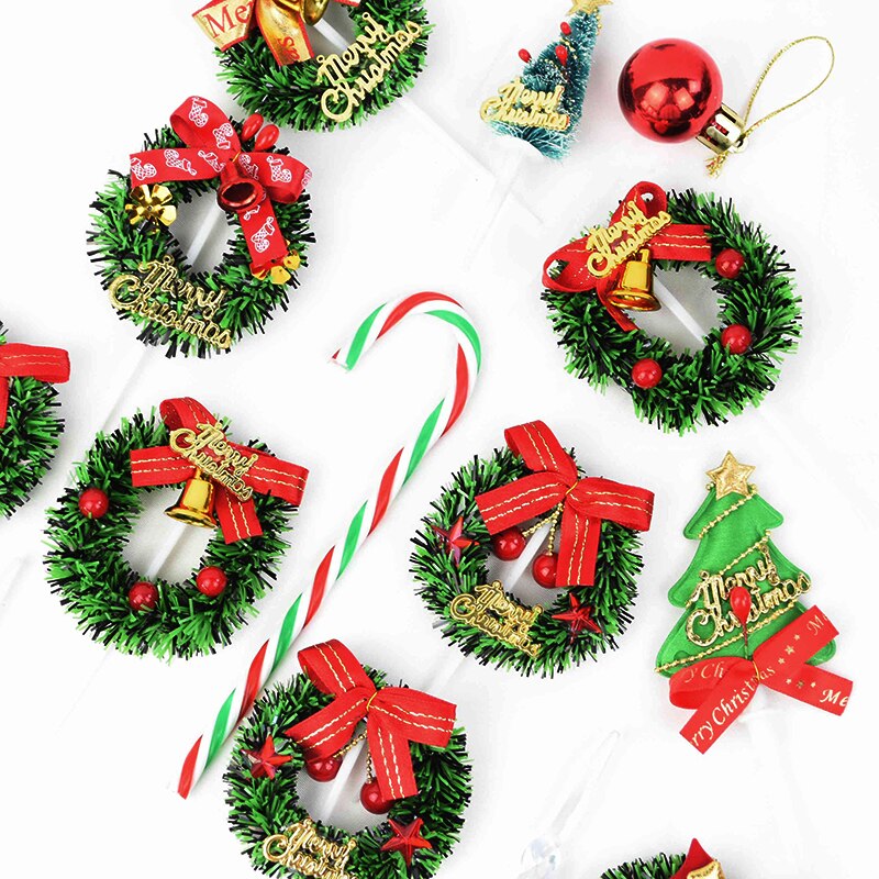 5pcs Christmas Cake Topper Mini Xmas Tree Wreath Shape Cupcake Topper for Merry Christmas Kids Favor Baking Dessert Decoration 7